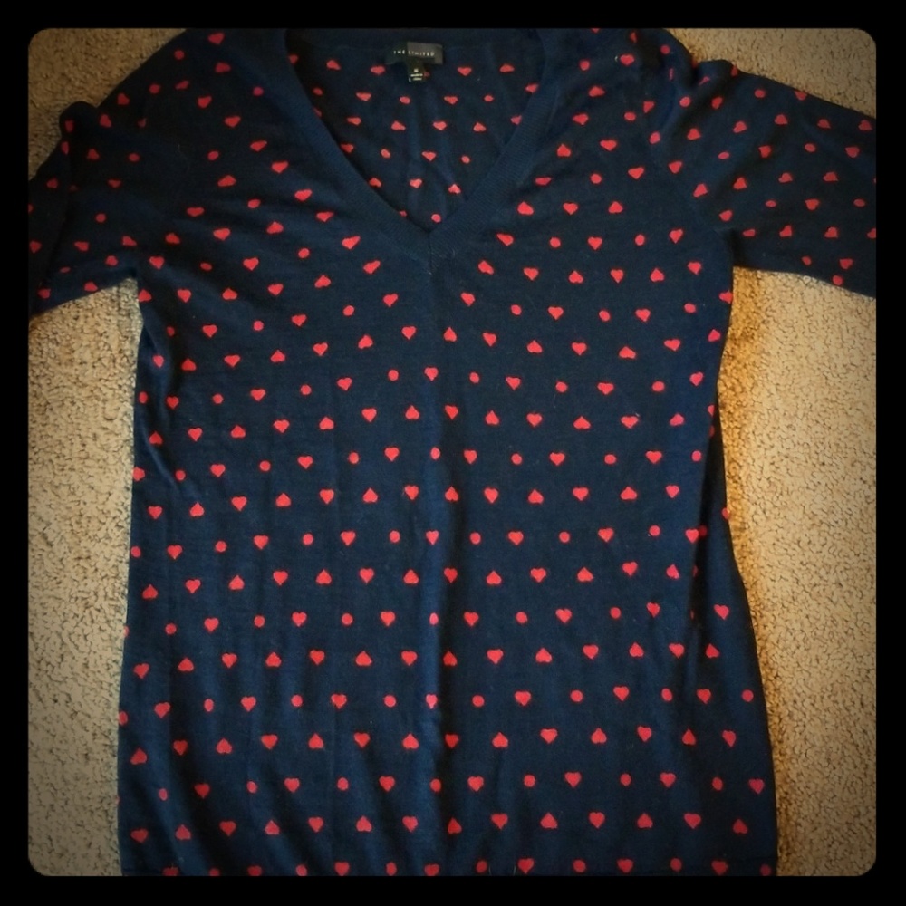 The Limited Blue Sweater w Red Hearts V-Neck